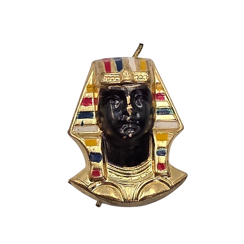 Vintage Egyptian Pharaoh King Tut Brooch Gold Tone Enamel Pin Revival Jewelry